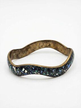 Vintage Brass Wavy Bangle, Blue & Green Mosaic Chip Inlay Statement Bracelet